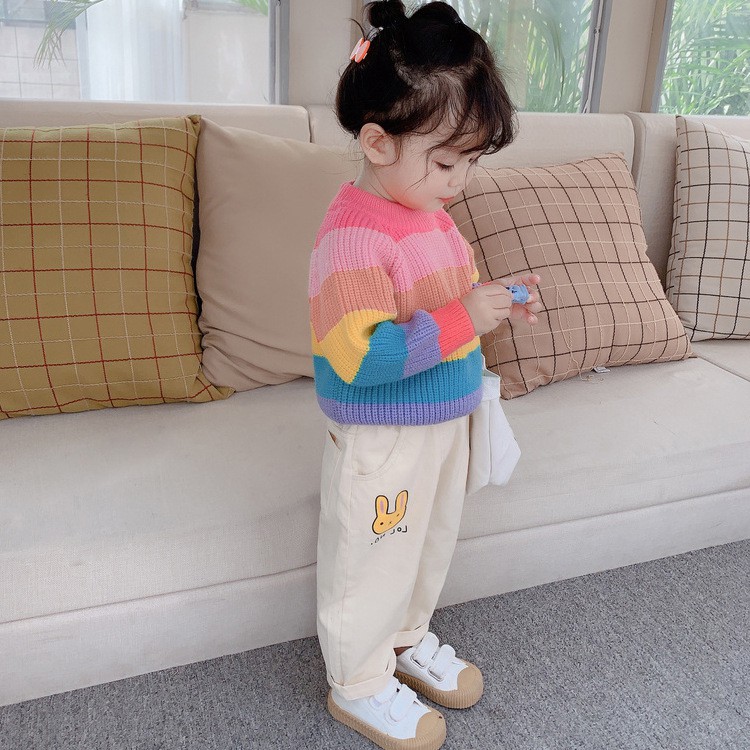 Áo Sweater Dệt Kim Cổ Tròn Tay Dài Màu Cầu Vồng Cho Bé Gái