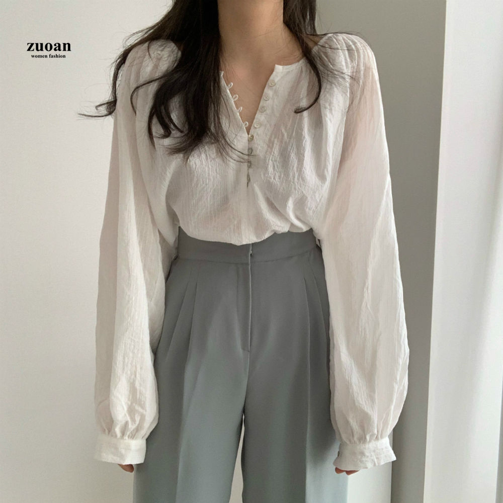 SUXI Áo sơ mi nữ tay dài kiểu dáng tay dài theo phong cách thời trang Hàn Quốc