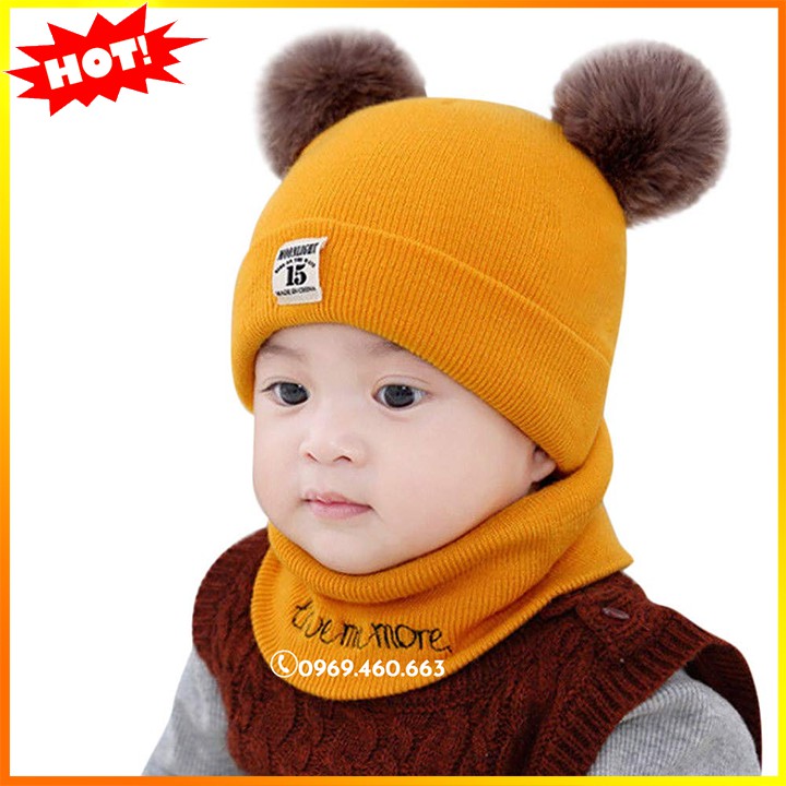 XẢ HÀNG Bộ Khăn Mũ Len Cho Bé Trai Bé Gái. Nón Len Hai Quả Bông + Khăn Cổ Siêu Xinh. Mũ Cho Bé từ 1 Tháng Đến 2 Tuổi