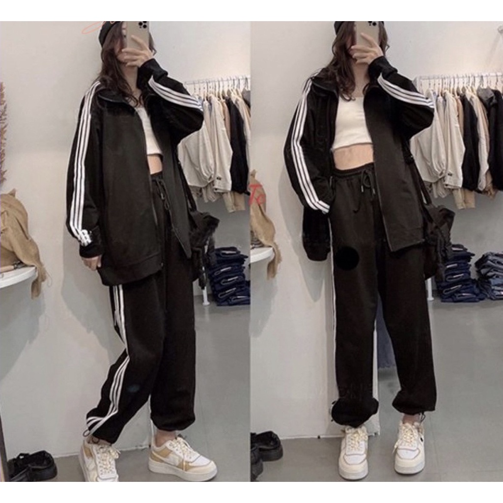 Quần thể thao ống rộng nữ viền kẻ 3 sọc trắng chất vải Umi jogger mặc đi học thể dục