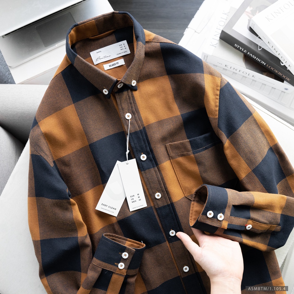 Áo Sơ Mi Caro Nam Flannel Bentino Form Rộng Chất Vải Dạ Mỏng Dài Tay Kiểu Dáng Basic
