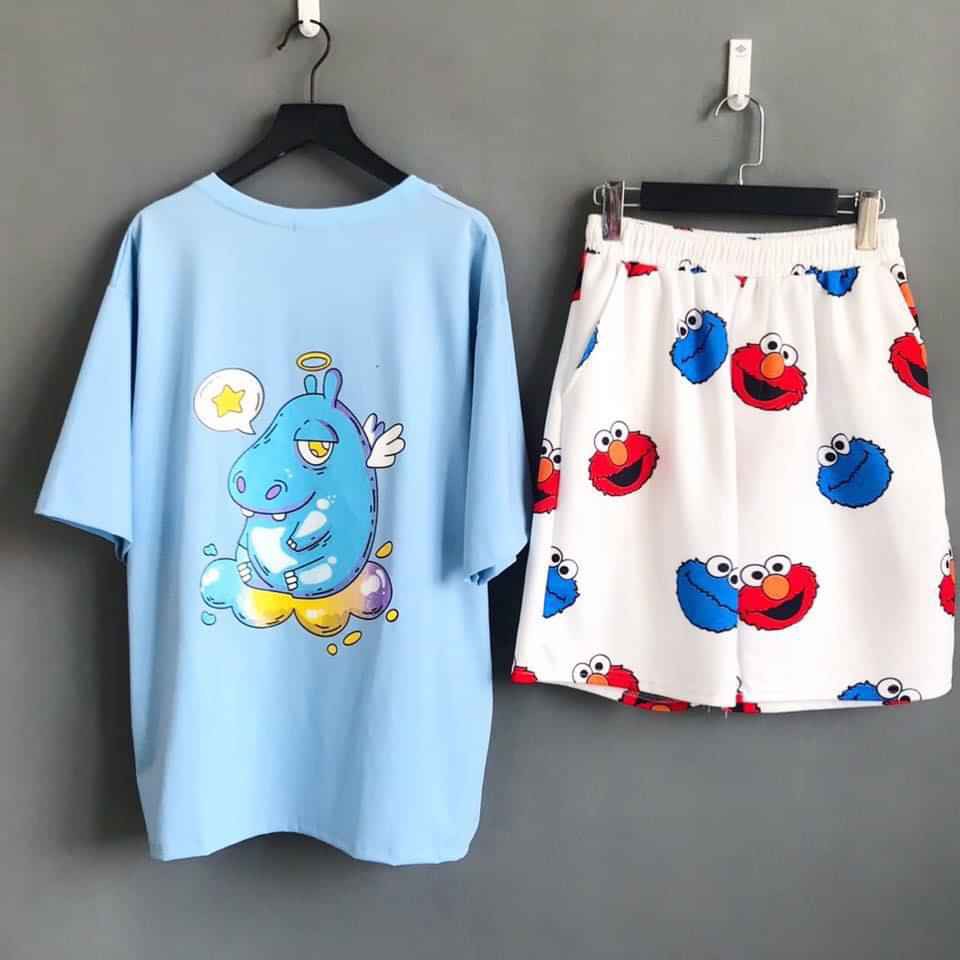 Set áo hà mã cute + quần short Kaws cartoon hoạt hình unisex