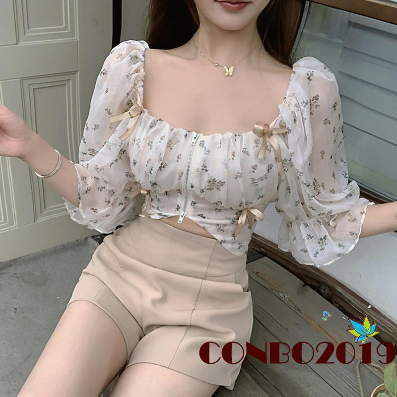 Áo croptop cổ vuông tay phồng in họa tiết hoa phối khóa kéo thời trang xuân hè cho nữ