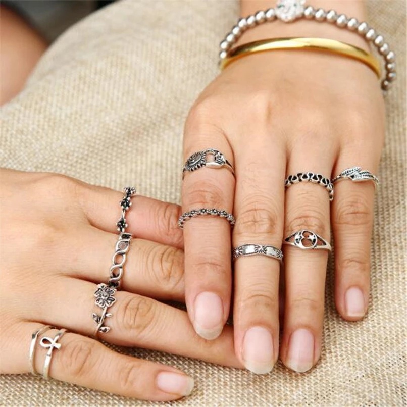 Set 11 Nhẫn Đeo Tay Kim Loại Vintage Thời Trang Cho Nữ