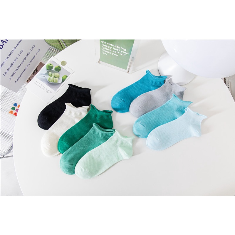 Tất trơn màu basic cổ xoăn nhún qua mắt cá xanh pastel