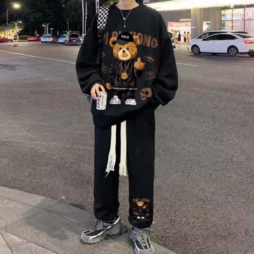 Mới Bộ Áo Sweater Tay Dài bộ quần áo nam Dáng Rộng In Họa đồ bộ nam Tiết Hoạt Hình Đơn Giản Phong Cách Hàn Quốc bộ thể thao nữ Thời Trang bộ Nam Nữ