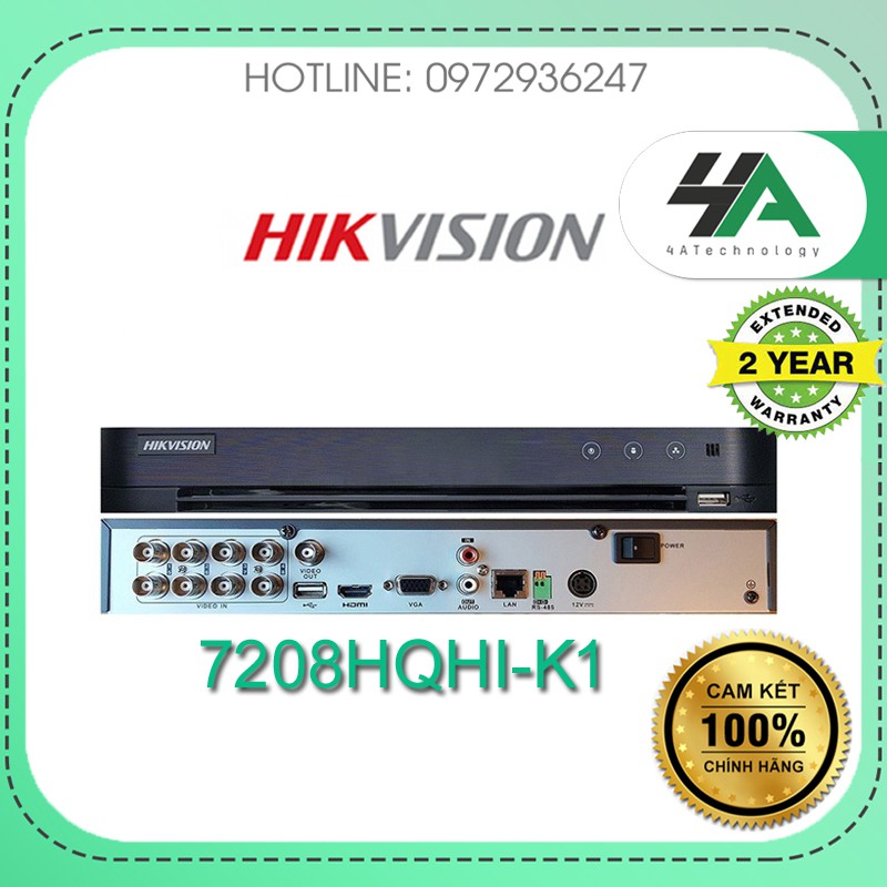 Đầu ghi hình TVI analog 8 kênh HIKVISION 7208HQHI-K1(S) H265+ (chính hãng Hikvision Việt Nam), hỗ trợ camera liền mic