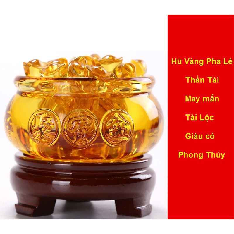 Hũ Vàng Thần Tài Pha Lê (Cỡ Nhỏ 6cm) + 36 Thỏi Vàng Cỡ 1.4cm - Tụ Bảo Bồn Lưu Ly, Chiêu Lộc Tụ Tài - Vật Phẩm Phong Thủy