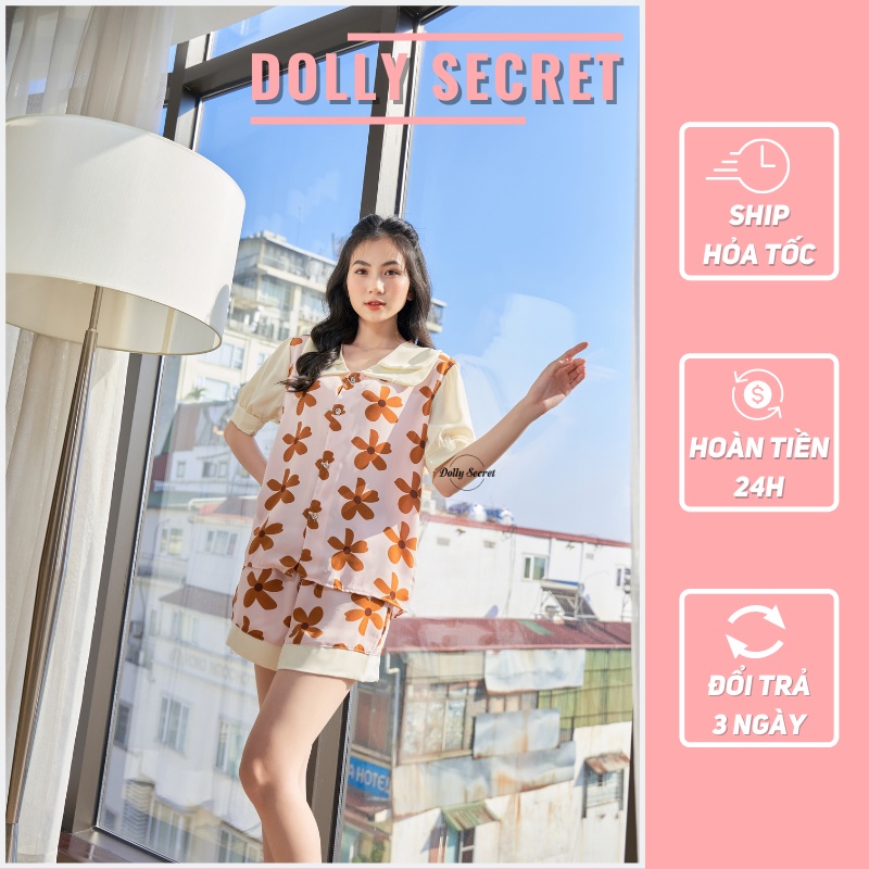 Bộ đồ mặc nhà cộc tay Pijama tay bồng lụa mango họa tiết mùa thu Hàn Quốc DOLLY SECRET CC14