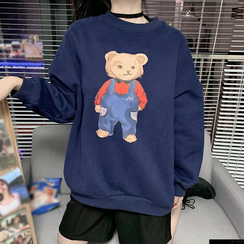 Áo nỉ nữ dài tay cổ tròn in hình hoạt hình dễ thương