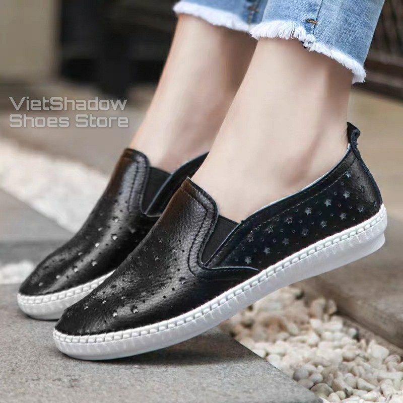 Slip on da nữ - Giày lười da nữ đột lỗ đế khâu - Chất liệu bò 2 màu (đen) và (trắng) - Mã SP 2026N