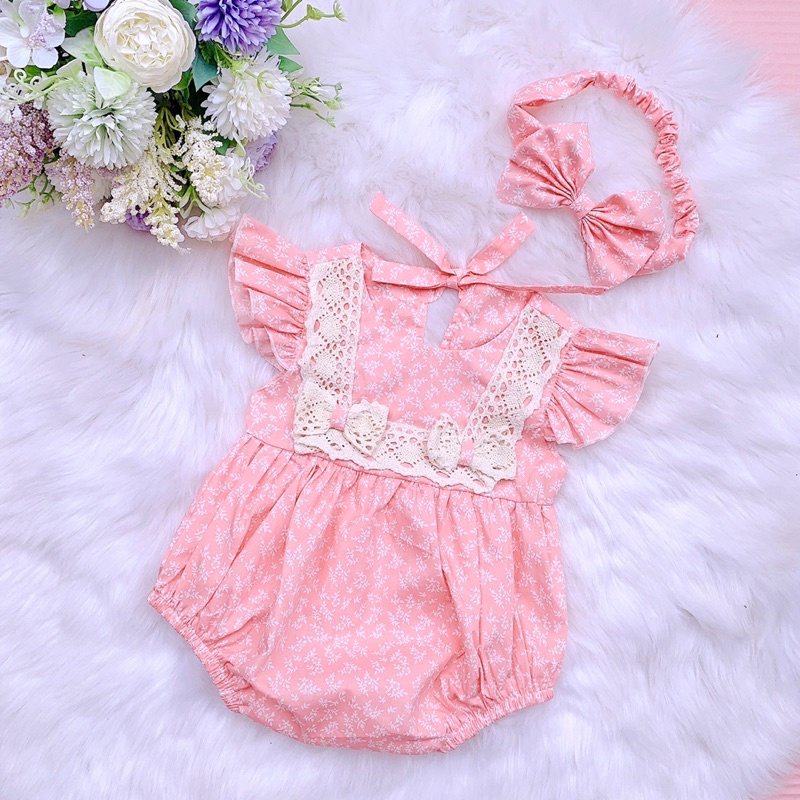 Bodysuit Hồng Ren Ngực Cho Bé Gái 0-12 Tháng Kèm Băng Đô, Váy Đầy Tháng, Bodysuit Sơ Sinh