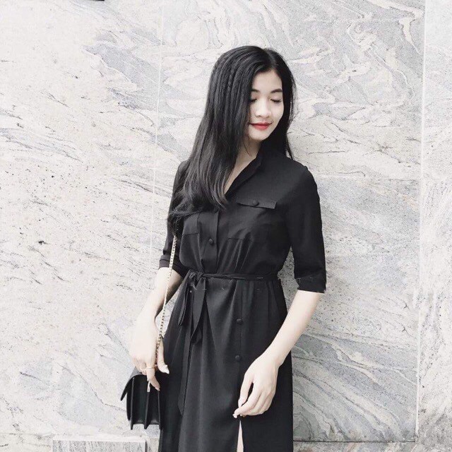 DM606 - Đầm Maxi Đen Xẻ Nút Bọc ( Kèm Hình Thật ) | BigBuy360 - bigbuy360.vn