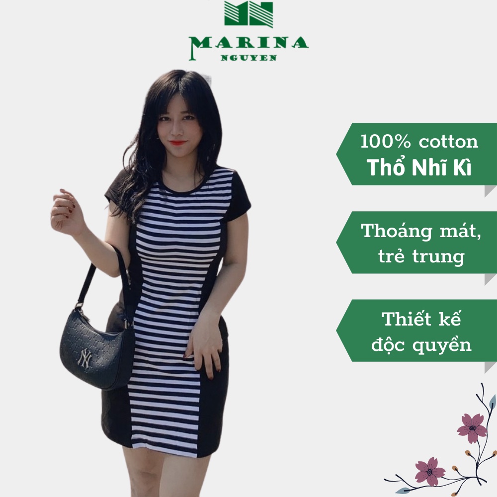 Váy Cotton Ôm Body Nữ MARINA NGUYỄN Thiết Kế Tay Ngắn, Cổ Tròn Hoạ Tiết Kẻ Sọc Nổi Bật Trẻ Trung 50002