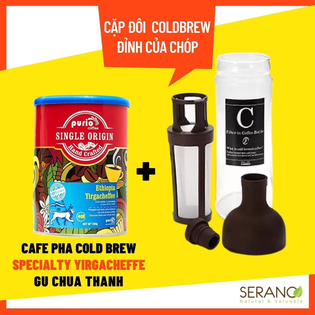 Bộ đôi cà phê pha cold brew ủ lạnh specialty Yirgacheffe hạt nguyên chất và bình pha cafe cold brew Hario Nhật Bản