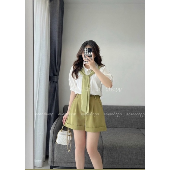 SET ÁO SƠ MI THẮT NƠ XANH + QUẦN SHORT XANH