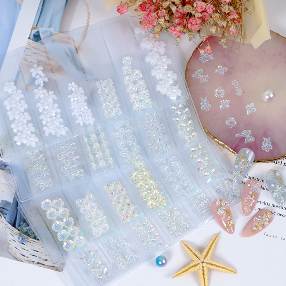 [Hàng mới về] Hộp hạt nơ/hoa hồng /bướm 3D màu laser trong suốt bằng resin chia 6 ngăn trang trí móng DIY