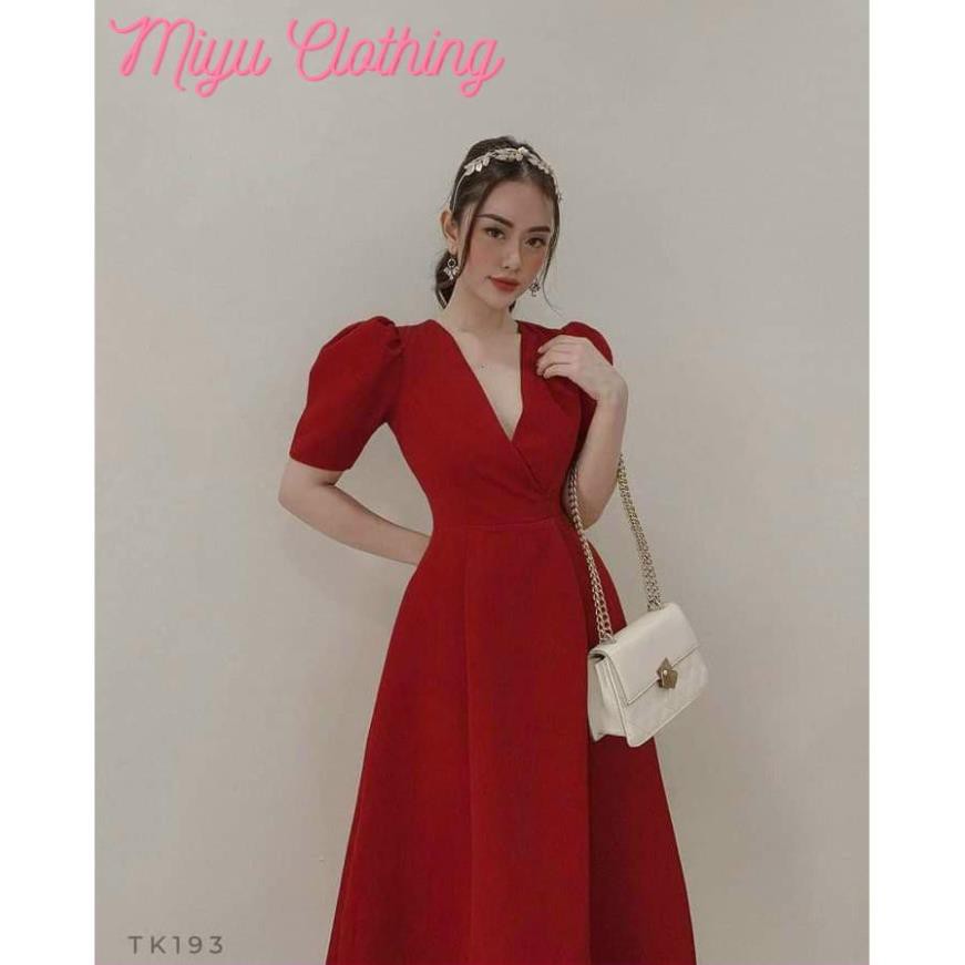 Váy đẹp dự tiệc đỏ đầm trắng sang trọng nữ đi tiệc cổ tim dài dáng xòe tay phồng Miyuclothing