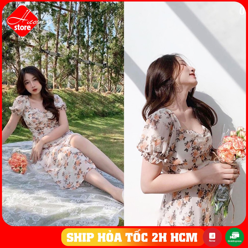 Đầm hoa nhún tay phồng xẻ ta cực xinh