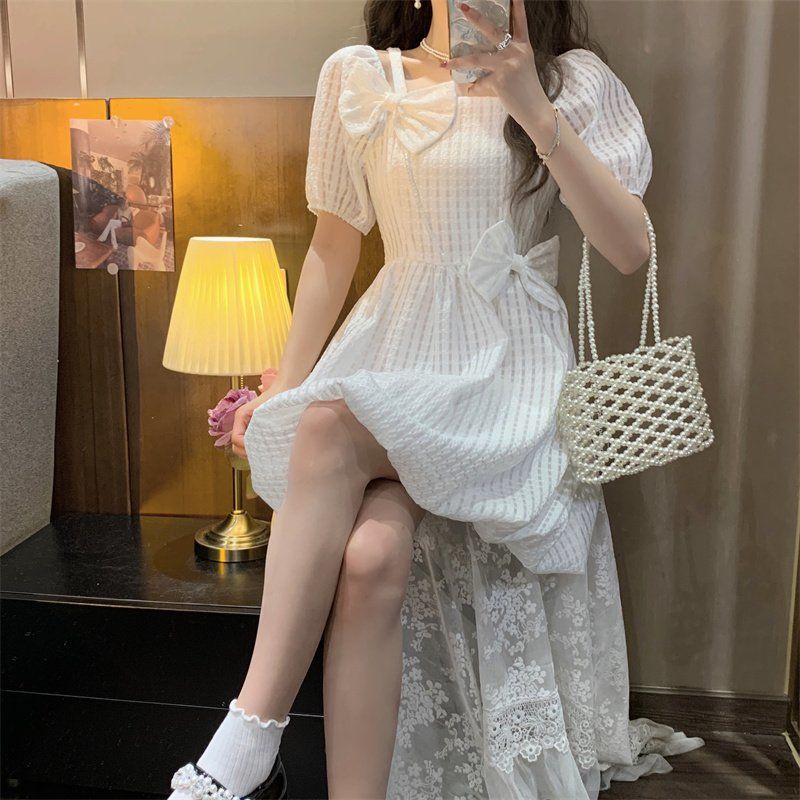 Đầm Tay Phồng Cổ Vuông Thắt Nơ Ngọt Ngào Hàng Mới Dành Cho Nữ