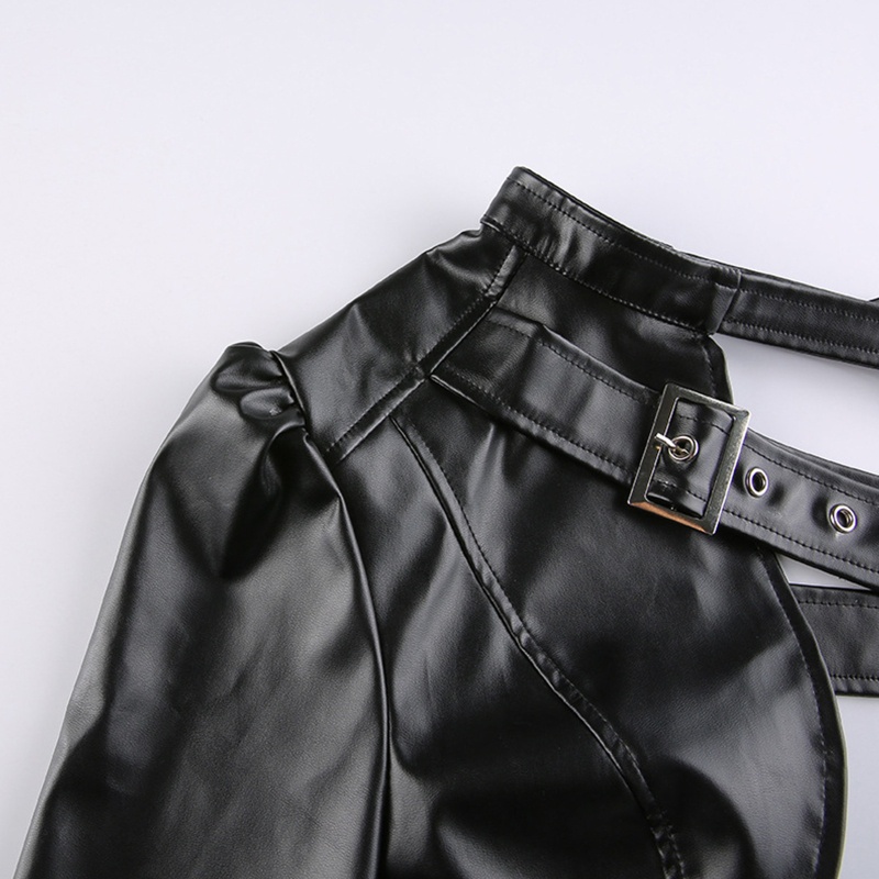 Áo Croptop Da PU Tay Dài Lệch Vai Cài Khóa Kim Loại Điều Chỉnh Được Thời Trang Cho Bạn Gái