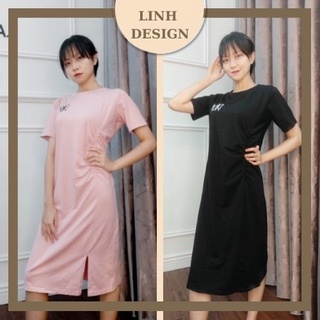[ ĐANG THANH LÝ ]Đầm suông BIG SIZE chữ A nữ Rúm eo Xẻ tà Thêu chữ chất Cotton co giãn 4 chiều💖 Váy Suông 2 màu che bụng