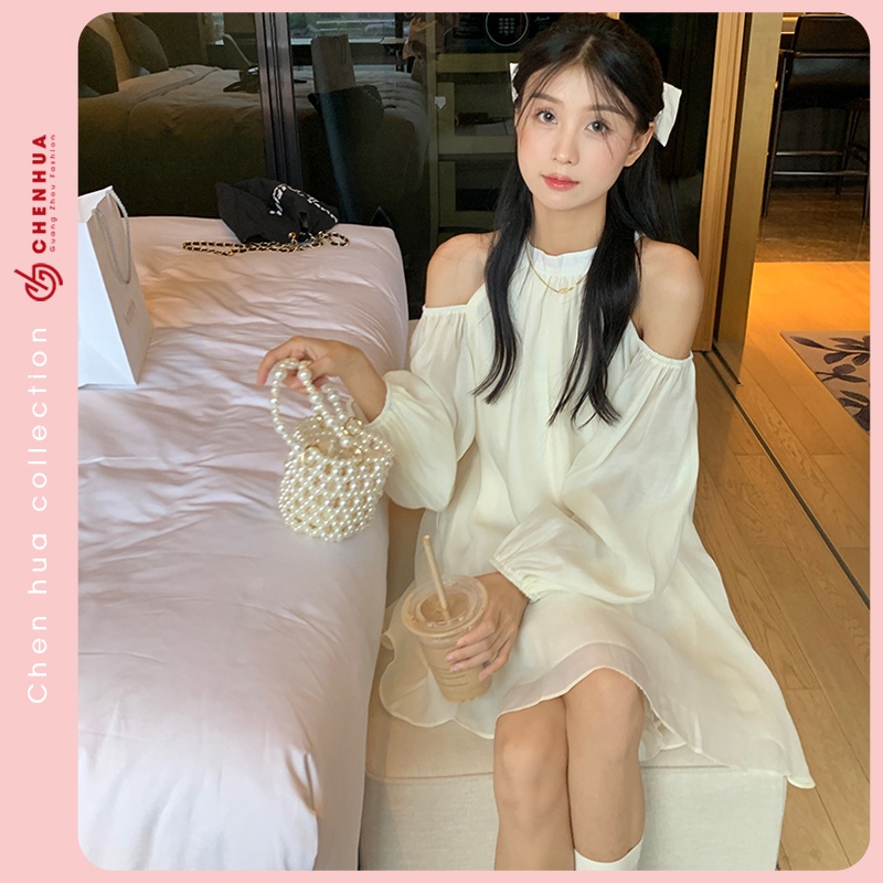 Váy hở vai dài tay ChenHua đầm ngắn xòe đi chơi style hàn quốc đẹp VT163