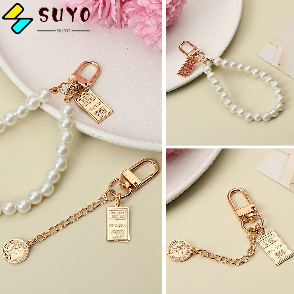 Móc khóa hình đồng xu đính ngọc trai nhân tạo xinh xắn phong cách vintage