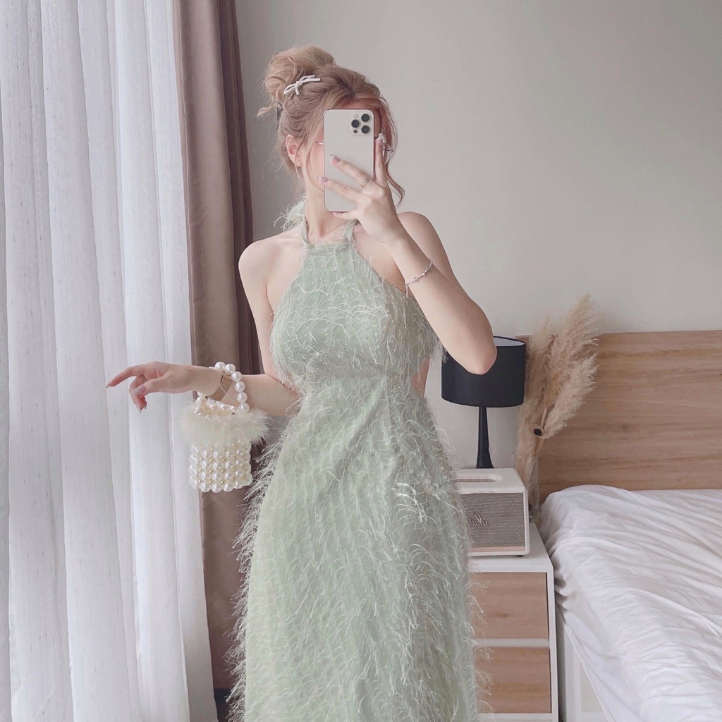 Đầm Trắng Dự Tiệc, Váy Cổ Yếm Chất Liệu Lông Vũ 2 Lớp Màu Trắng, Xanh, Đen Duyên Dáng Thời Trang Nữ Xm Minh Phúc