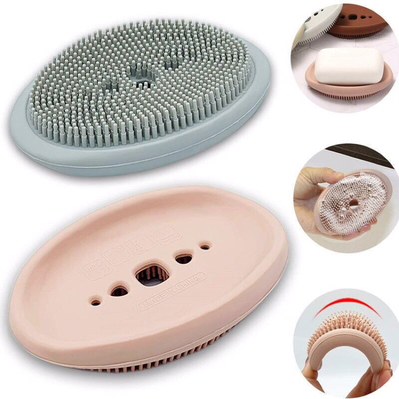 bàn chải silicon kèm giá để xà bông đa năng 2in1