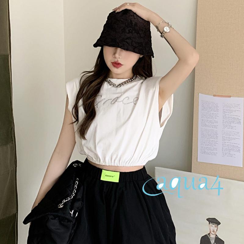 Anana-áo Croptop Sát Nách Cổ Tròn Đính Đá In Chữ Cho Nữ