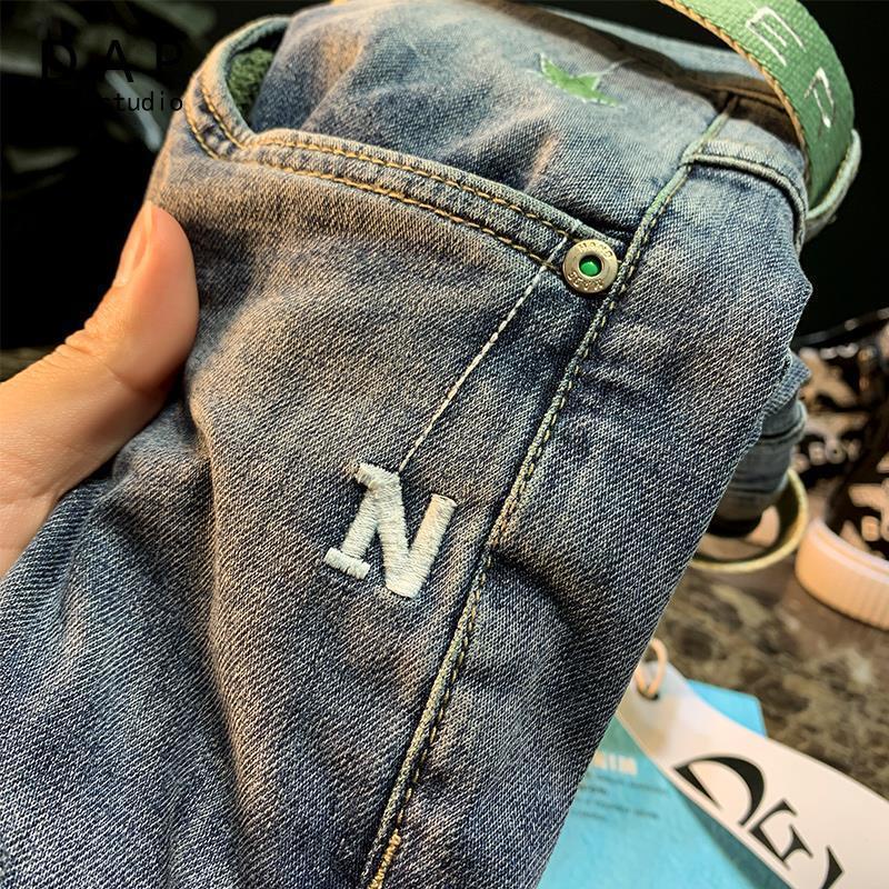 Quần Jean Dài Co Giãn Thêu Trang Trí Phong Cách Hàn Quốc Dành Cho Nam