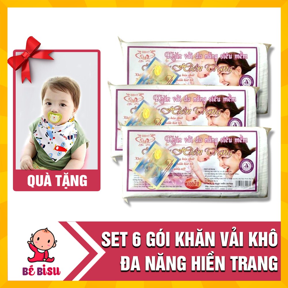 Combo 6 gói khăn vải khô Hiền Trang (200gr/ gói) tặng kèm 1 khăn yếm tam giác xô