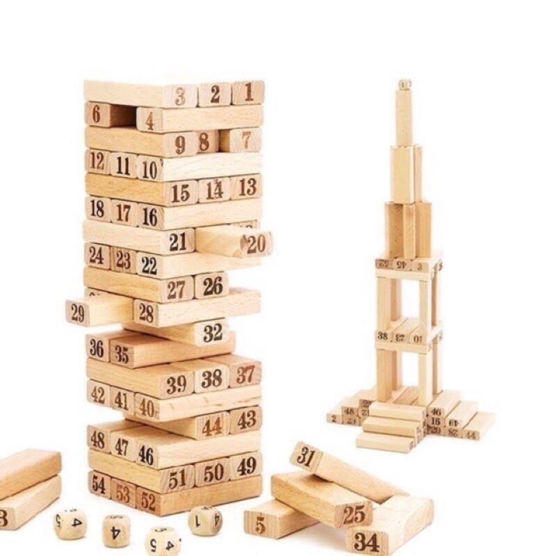 Bộ đồ chơi gỗ xếp hình, rút gỗ domino, montessori 54 thanh