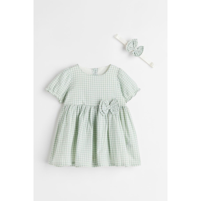 Set váy xanh lá caro kèm băng đô bé gái, Hờ mờ US săn SALE