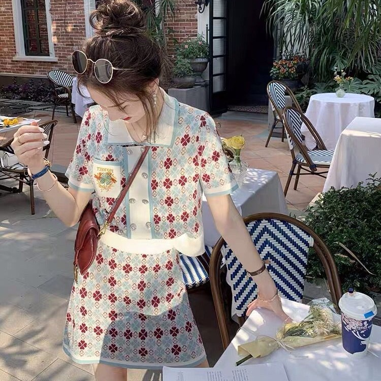 Bộ Áo Dệt Kim Ngắn Tay + Chân Váy Lưng Cao Xinh Xắn Dành Cho Nữ