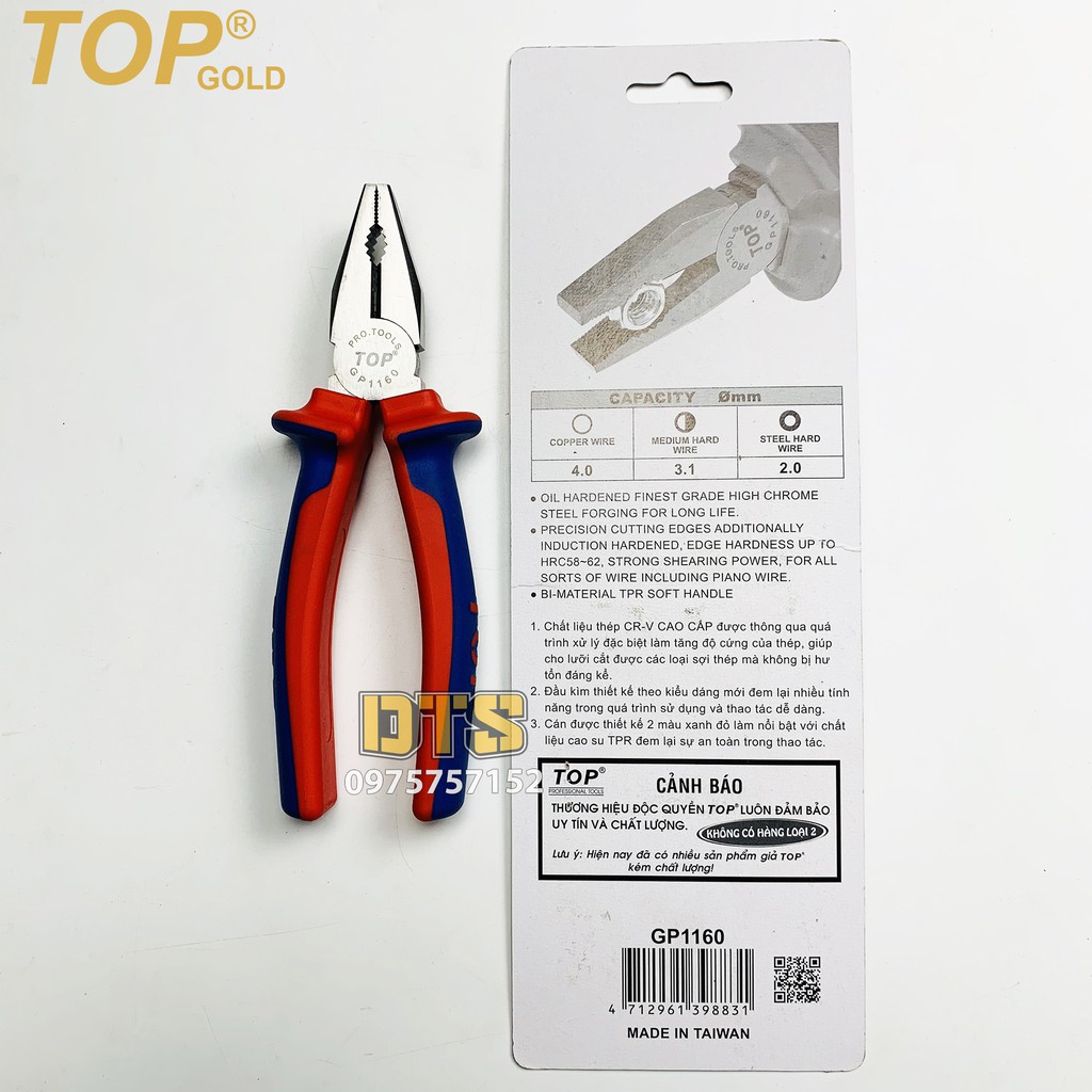 Kìm điện trợ lực chuyên nghiệp TOP GOLD 160mm, thép Hi-Cr cao cấp, thiết kế cộng lực tiết kiệm 50% lực bấm