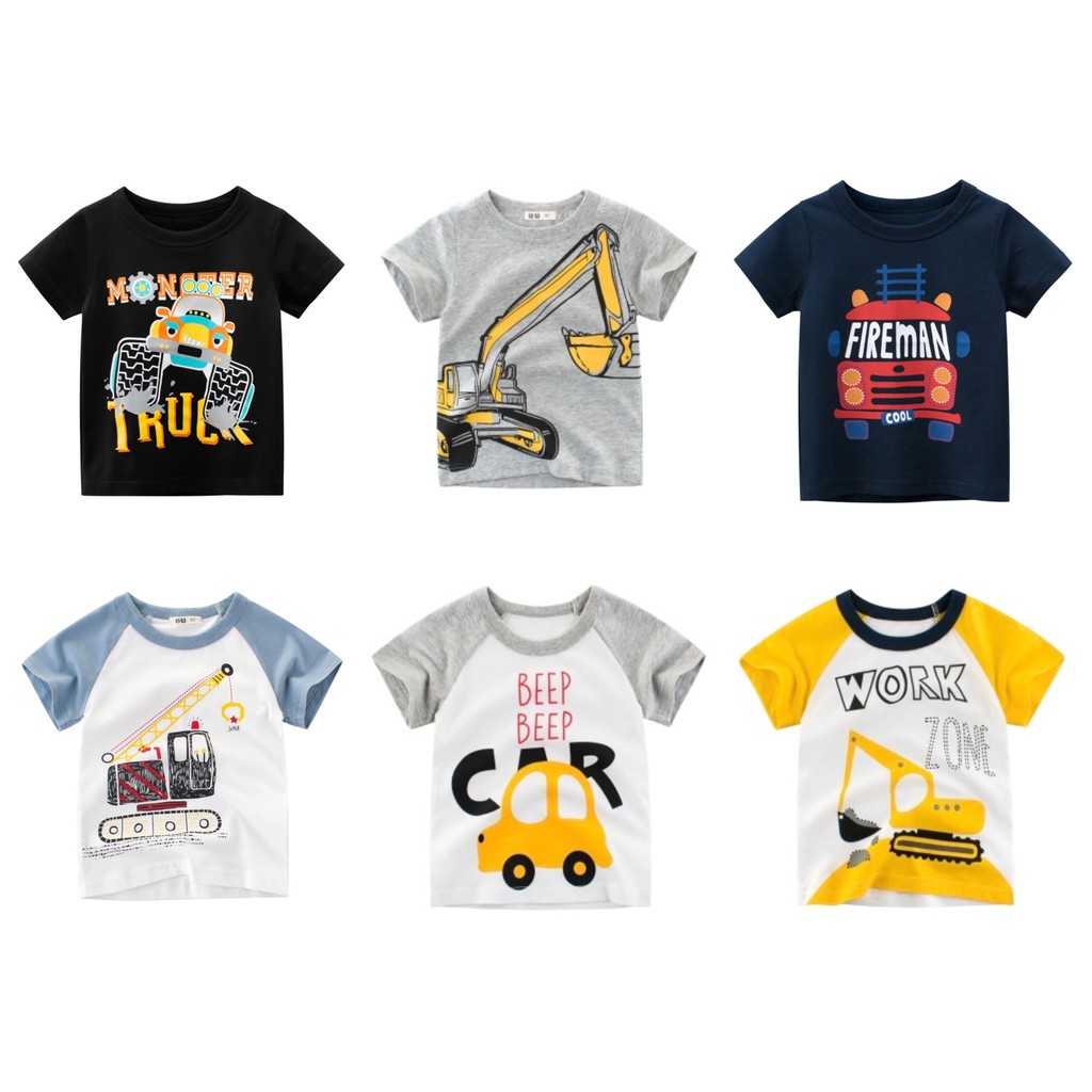 Áo thun cotton ngắn tay cho bé trai hàng Quảng Châu hình ô tô, máy xúc, xe công trình