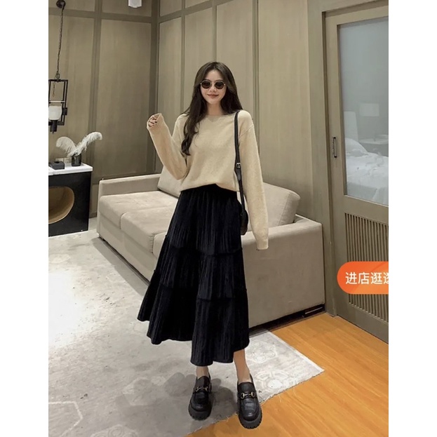 Chân váy nhung tuyết 3 tầng midi QC siêu xinh