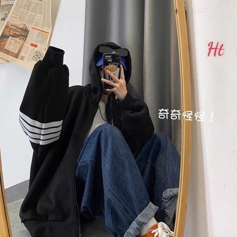 áo khoác nỉ khoá mũ 3 sọc tay bồng Kt55Ht62