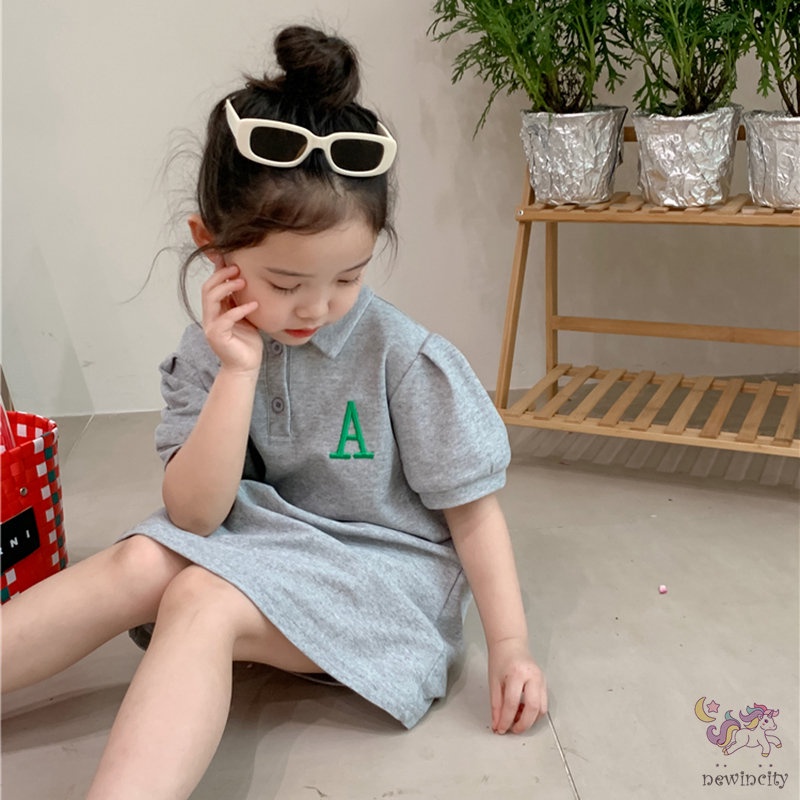 Đầm Tay Ngắn Cổ Bẻ Thêu Chữ Đáng Yêu Thời Trang Phong Cách Hàn Quốc Cho Bé Gái