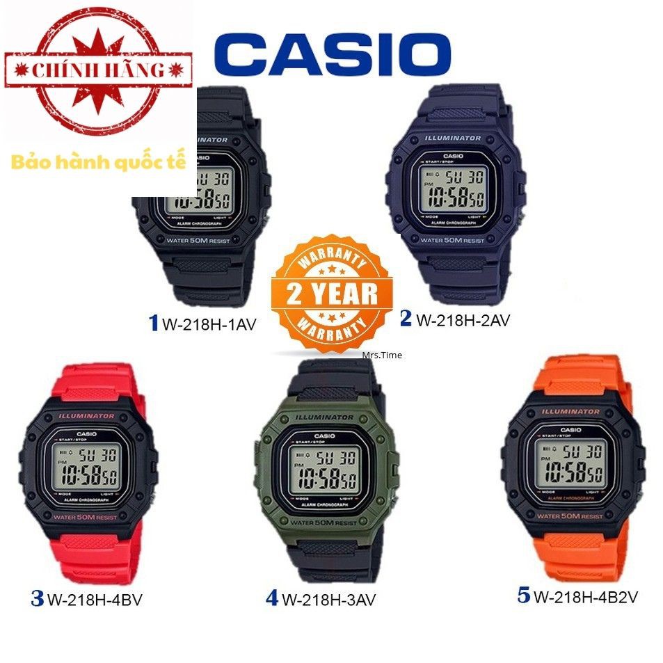 Đồng hồ Casio Nam W218H chống nước 100m dây nhựa siêu bền bỉ Pin 7 năm