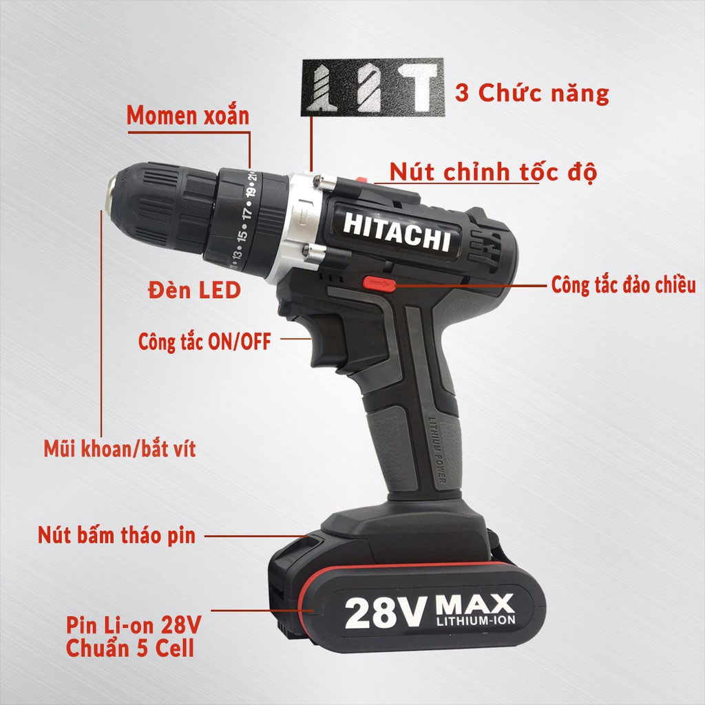 Máy Khoan Pin Hitachi 28V 3 Chức Năng - Có Búa - Lõi Đồng - Tặng Kèm 22 Phụ Kiện