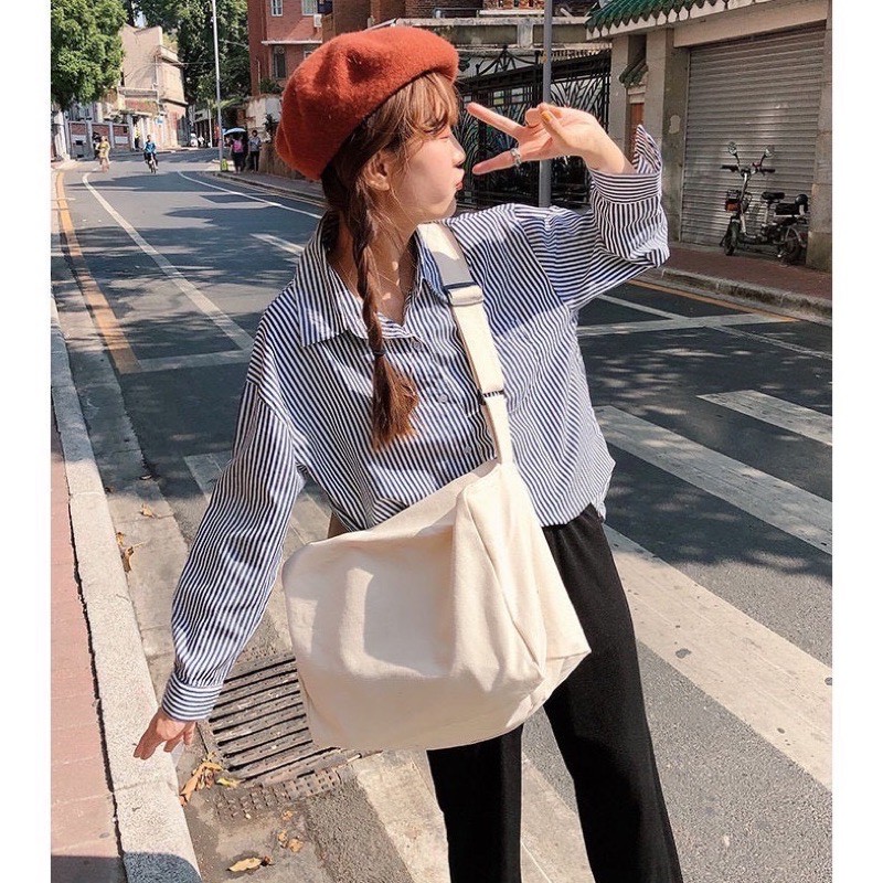 TÚI TOTE VẢI ĐEO CHÉO TRỐNG SIU TO CÓ KHÓA KÉO &amp; TÚI CON  CHẤT CANVAS PHONG CÁCH ULZZANG  ĐỂ ĐƯỢC SÁCH ĐỒ DÙNG THOẢI MÁI