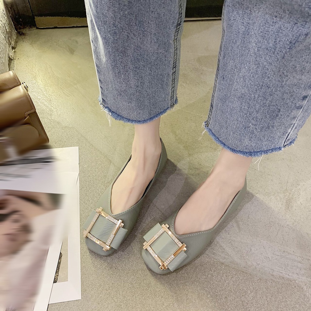 Giày Búp Bê Đế Mềm Mũi Vuông Phối Khóa Kim Loại Thời Trang Dành Cho Nữ