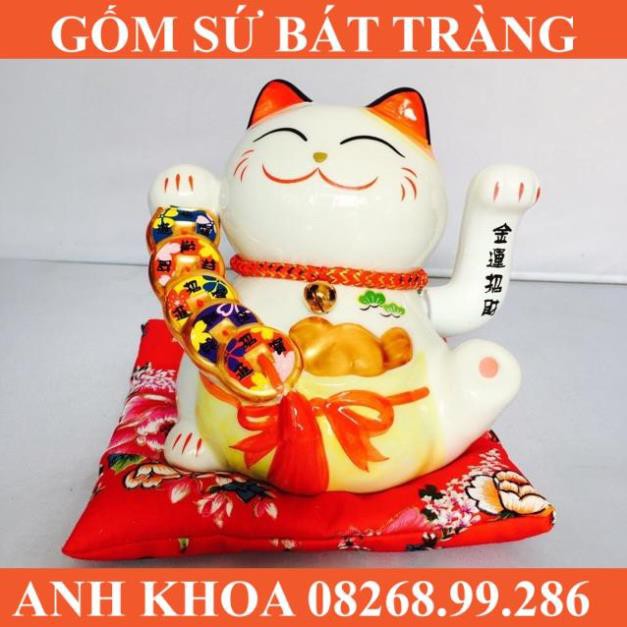 Mèo Thần Tài May Mắn Maneki Neko 16cm Vẫy Tay (Kèm Sạc Và Đệm) - Gốm sứ Bát Tràng Anh Khoa