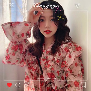 (ORDER) Áo sơ mi dài tay nữ voan hoa hồng cổ phối bèo thắt nơ tiểu thư Hàn Quốc