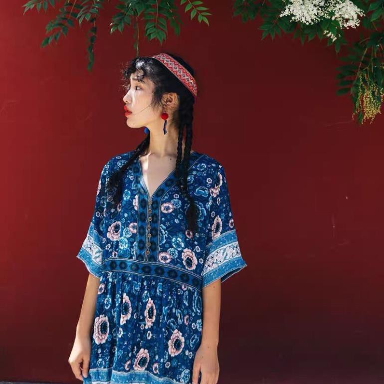 (Ảnh thật) Váy đầm maxi boho thổ cẩm vintage cổ v tay ngắn dáng dài hoạ tiết form suông rộng đi du lịch đi chơi đi biển