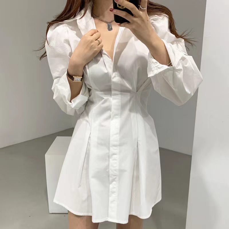 Xiaozhainv Đầm Sơ Mi Lưng Cao Cổ Bẻ Phong Cách Hàn Quốc Quyến Rũ Cho Nữ