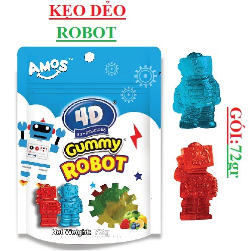 Kẹo Dẻo Amos 4D 72g hình khủng long, trái cây, robot, khối ghép, thức ăn nhanh, gấu, nhân dâu, nhân đào, cầu vồng